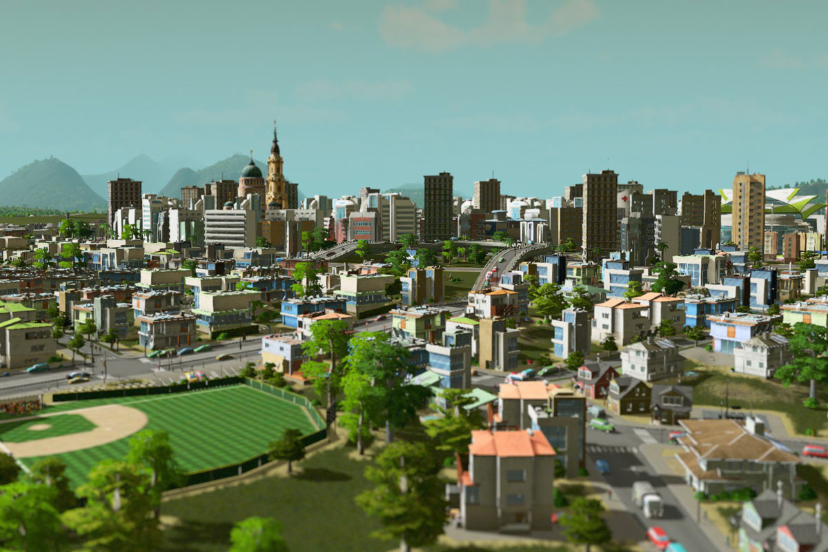 Blick auf ein Stadtzentrum in City: Skylines